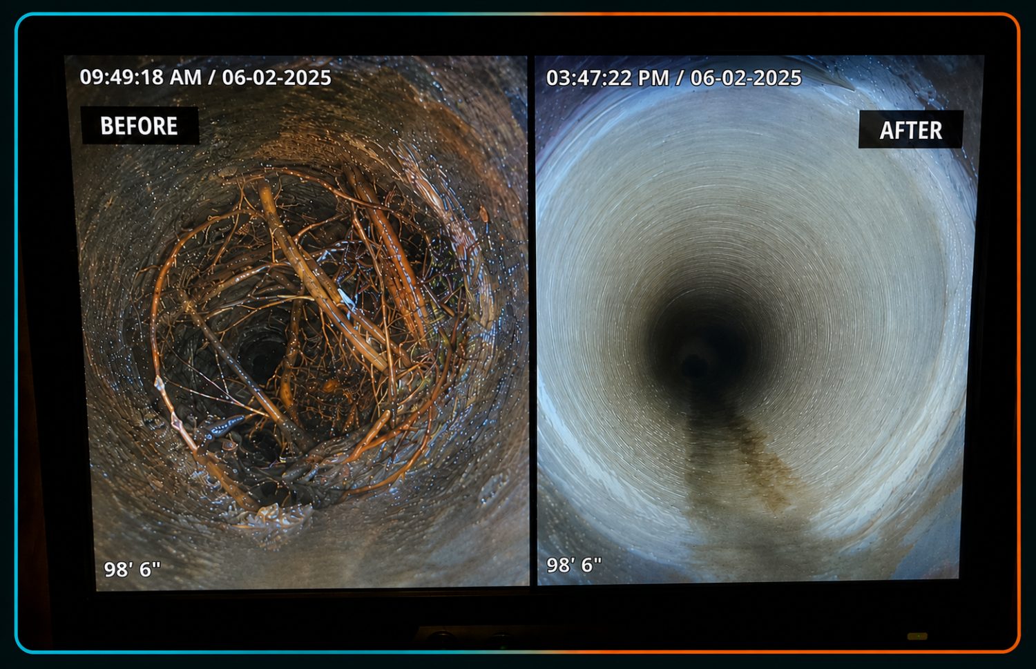 Before-and-after sewer camera views used for project documentation