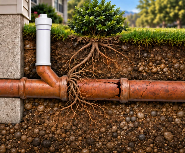 Illustrative cutaway of an orange sewer pipe below a yard, with roots entering a damaged joint and cracks in the pipe wall.