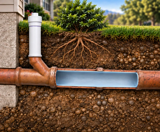 Illustrative cutaway showing a thin cured liner fitted inside the original host pipe, with an open flow path.