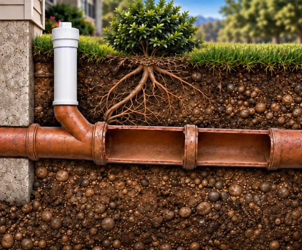 Illustrative cutaway of the same host pipe after roots and deposits are removed from the interior; existing pipe-wall defects remain.