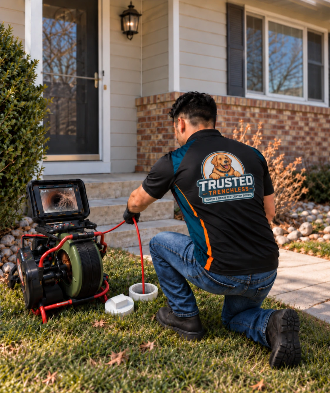 Camera-guided sewer evaluation through an exterior cleanout at a Northern Colorado home.