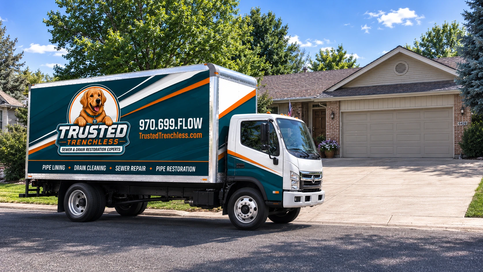 Trusted Trenchless branded sewer and drain restoration box truck