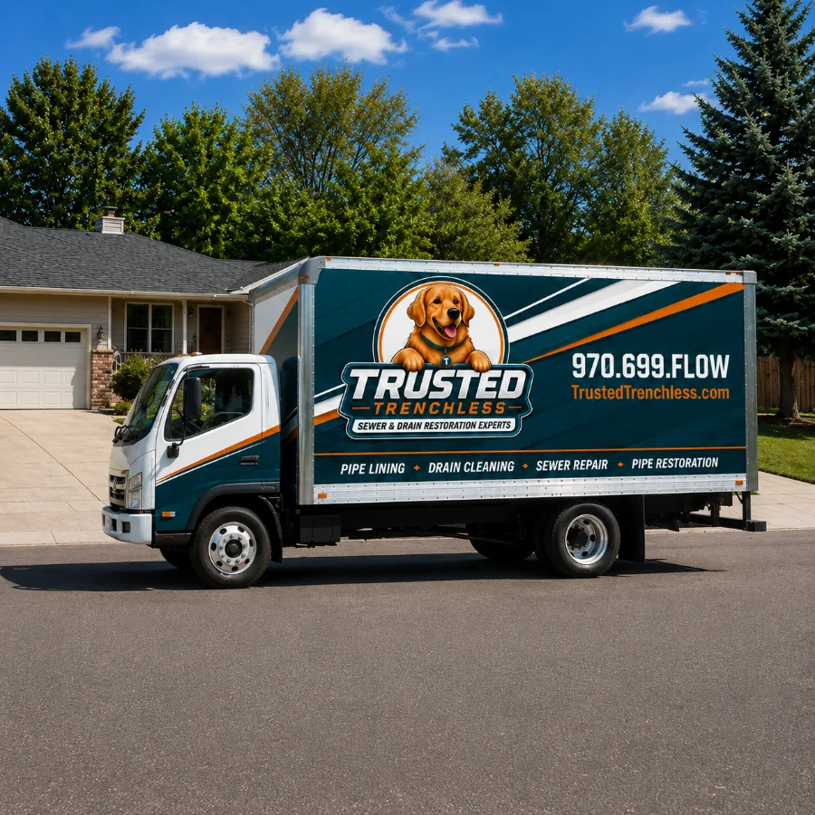 Trusted Trenchless branded box truck parked outside a home
